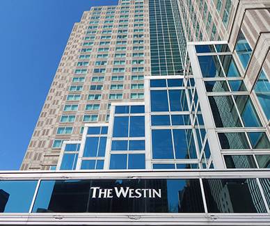 A view looking up at the Westin Convention Center Pittsburgh hotel